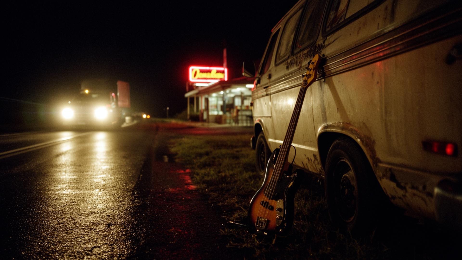 A vintage bass guitar leans against a tour van on a rainy roadside at night